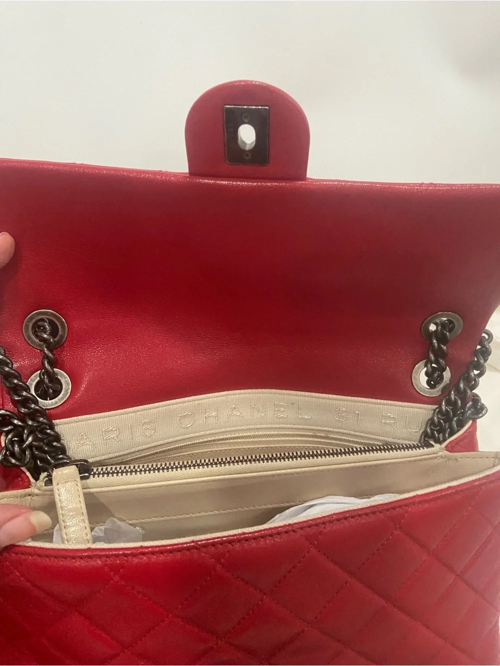 Chanel Quilted shiny Letaher Red Flap Bag